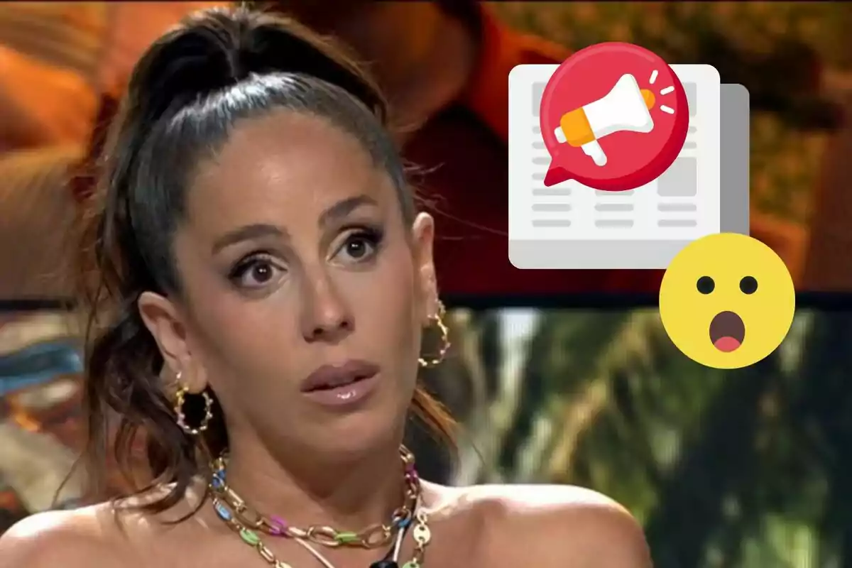 Anabel Pantoja amb expressió sorpresa i emojis de megàfon i cara sorpresa superposats.