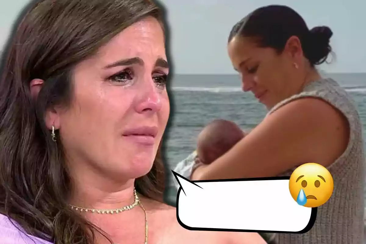 Anabel Pantoja plorant amb expressió de tristesa i una altra dona sostenint un nadó a prop del mar, amb un emoji de cara plorant.