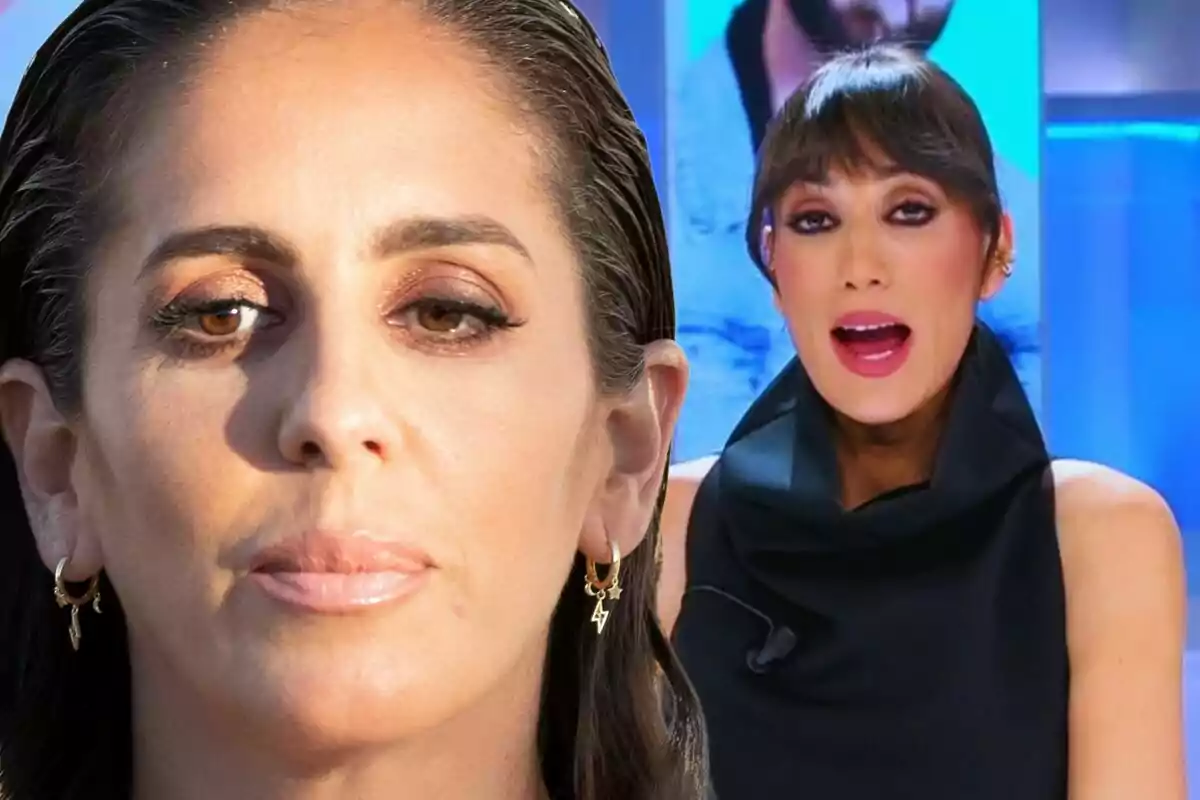 Anabel Pantoja and Patricia Pardo appear in the image, one in the foreground with dark hair and gold earrings, and the other in the background with bangs and a black dress speaking in front of a camera.