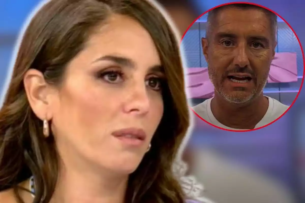 Anabel Pantoja con expresión seria en primer plano y Pepe del Real en un círculo rojo en el fondo.