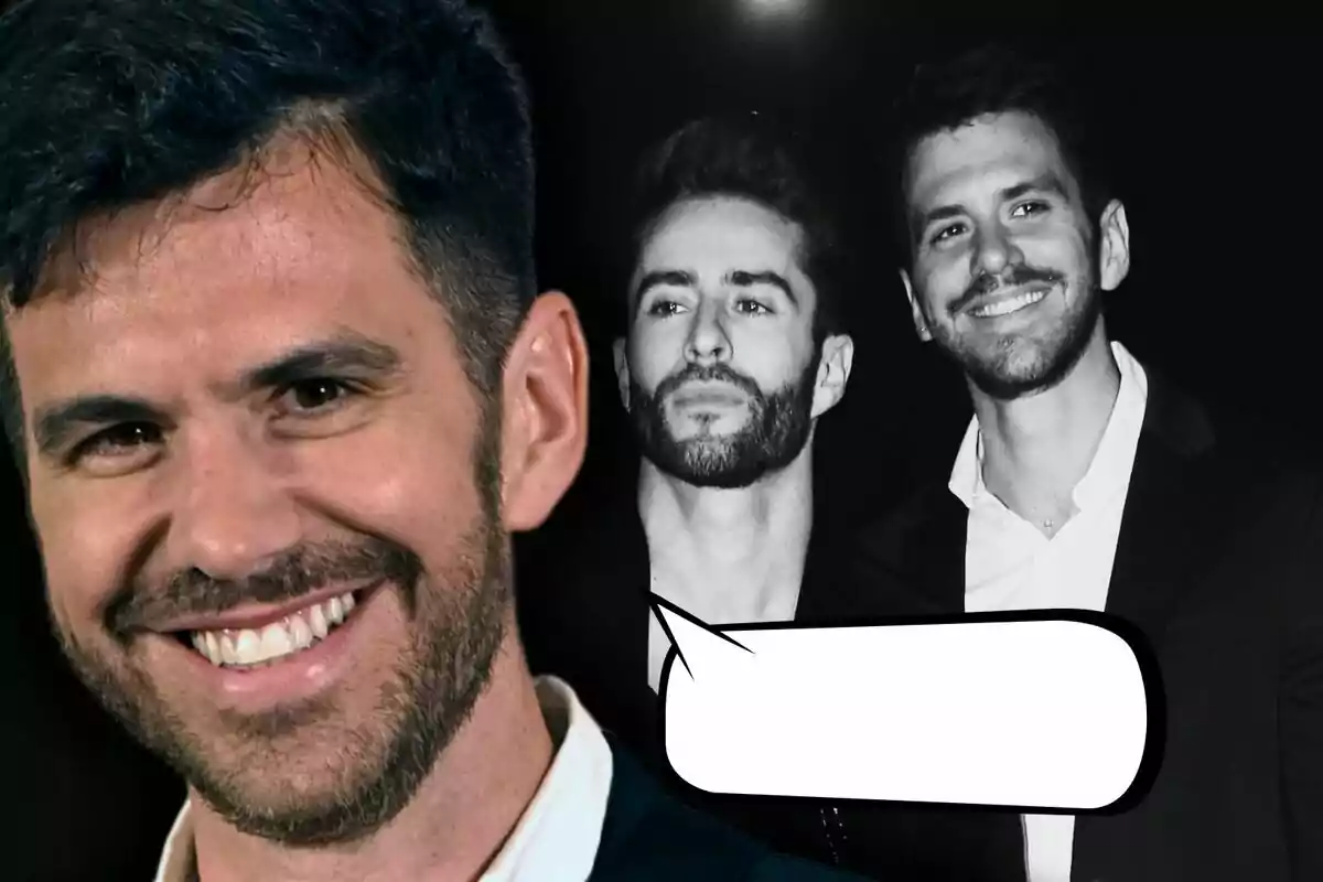 Andy McDougall sonriente en primer plano con una imagen en blanco y negro de él y Pelayo Díaz al fondo, uno de ellos con una burbuja de diálogo vacía.