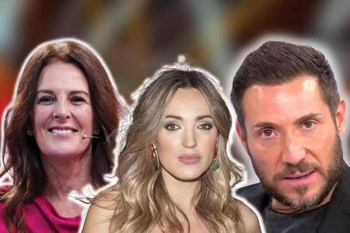 Muntatge en primer pla d'Àngela Porter feliç, Marta Riesco amb rostre neutre i Antonio David Flores enfadat Muntatge en primer pla d'Àngela Porter feliç, Marta Riesco amb rostre neutre i Antonio David Flores enfadat