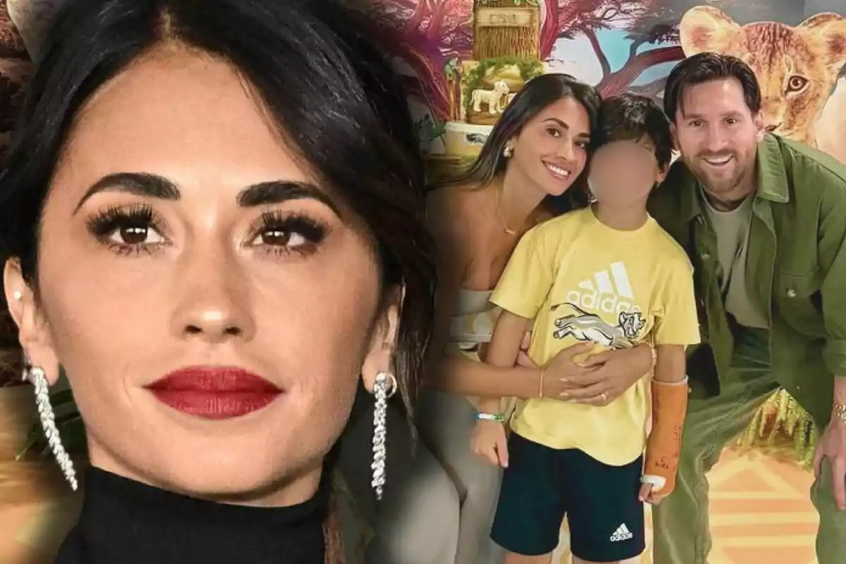 Antonela Roccuzzo con maquillaje elegante y pendientes largos aparece en primer plano mientras en el fondo hay una familia sonriendo junto a un niño con un yeso en el brazo y un mural de leones detrás.