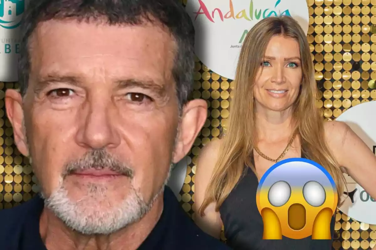 Antonio Banderas and Nicole Kimpel pose in front of a decorative background with a surprised emoji overlay.