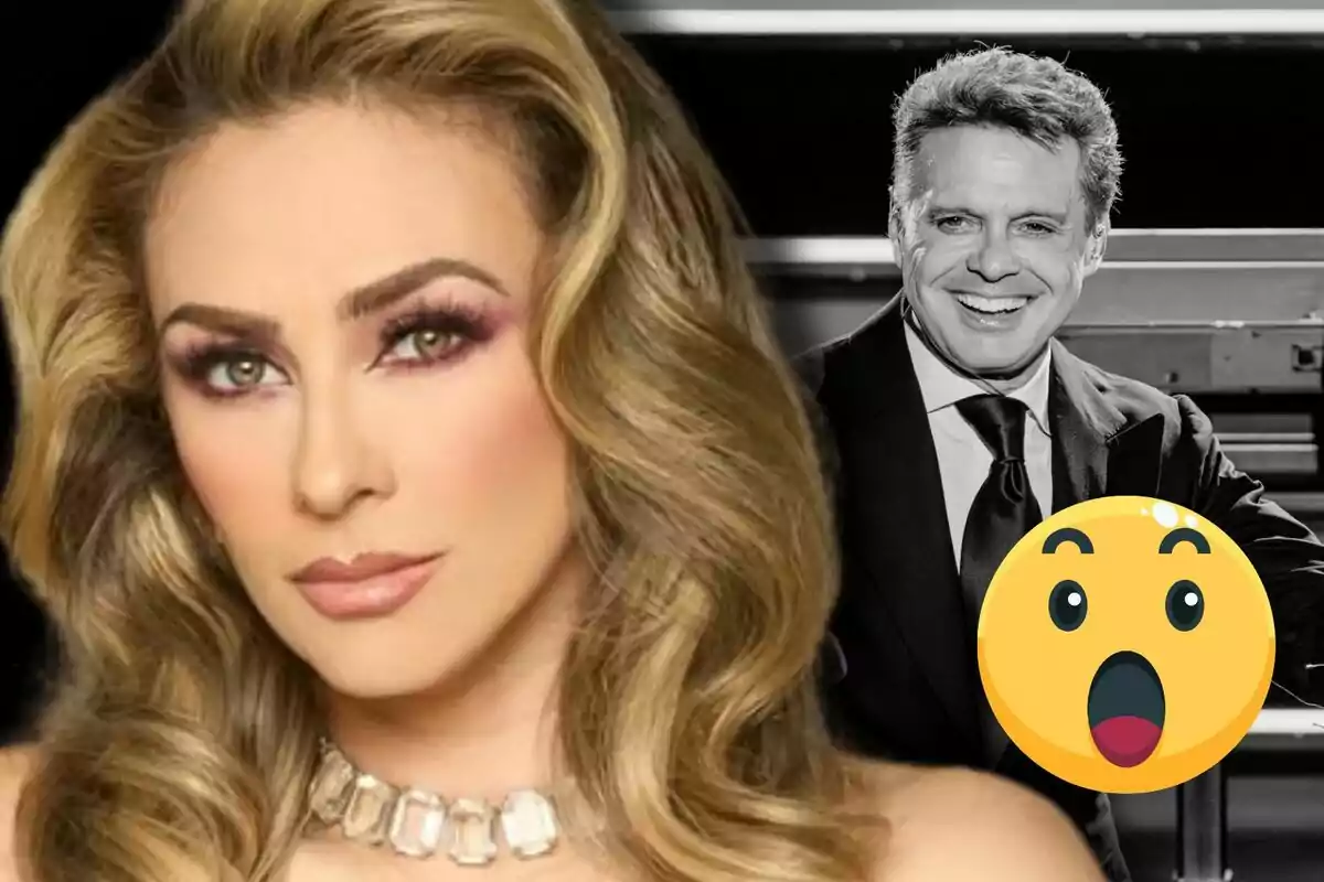 Aracely Arámbula with striking makeup and blonde hair appears in the foreground, while in the background there is Luis Miguel smiling in black and white next to a surprised emoji.