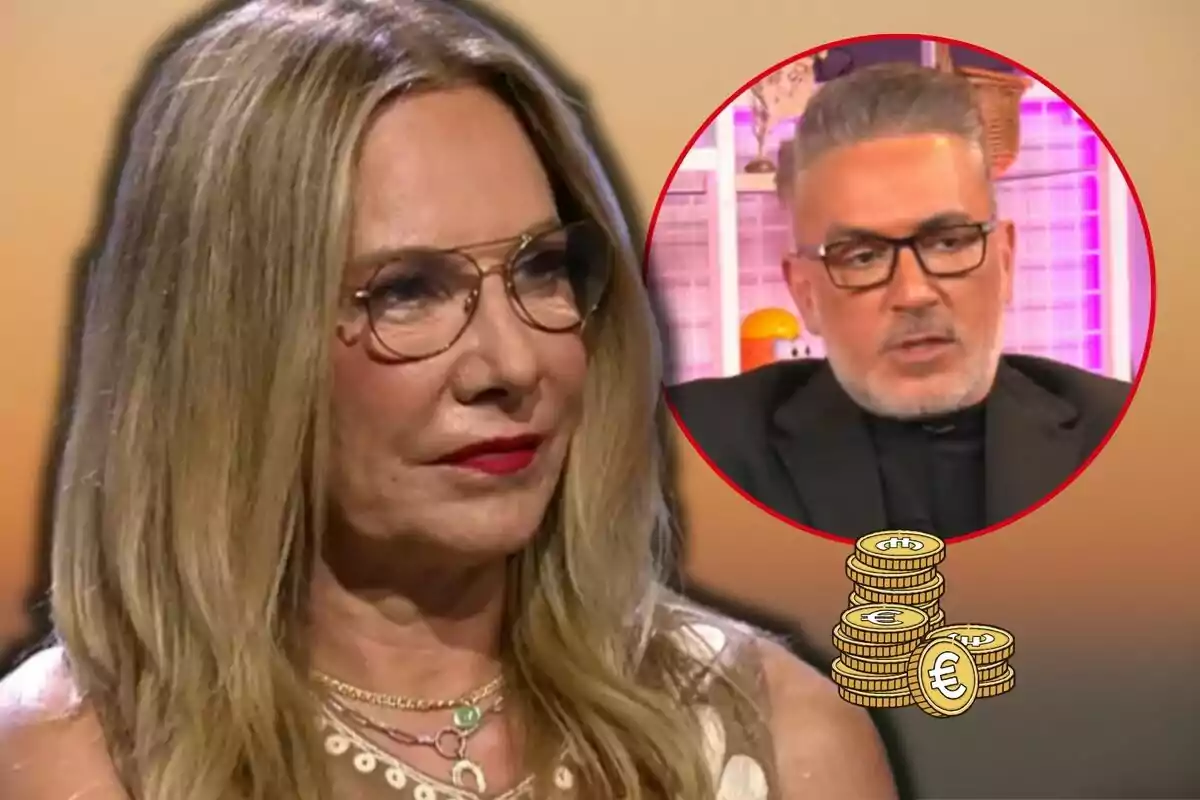 Belén Rodríguez with glasses and blonde hair appears in the foreground while Kiko Hernández with glasses and gray hair is in a red circle in the background with coin icons.