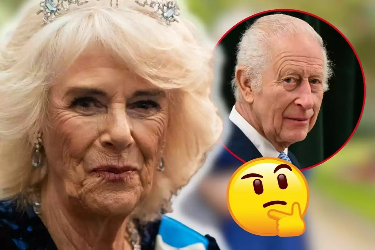 Queen Camila with a tiara and Charles III in a red circle with a thinking face emoji overlaid.