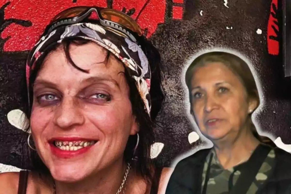 Camilo Blanes and Lourdes Ornelas pose in front of a dark background with red and white details, one wears a scarf on her head and sunglasses over it, while the other appears in a frame with a glitter effect.