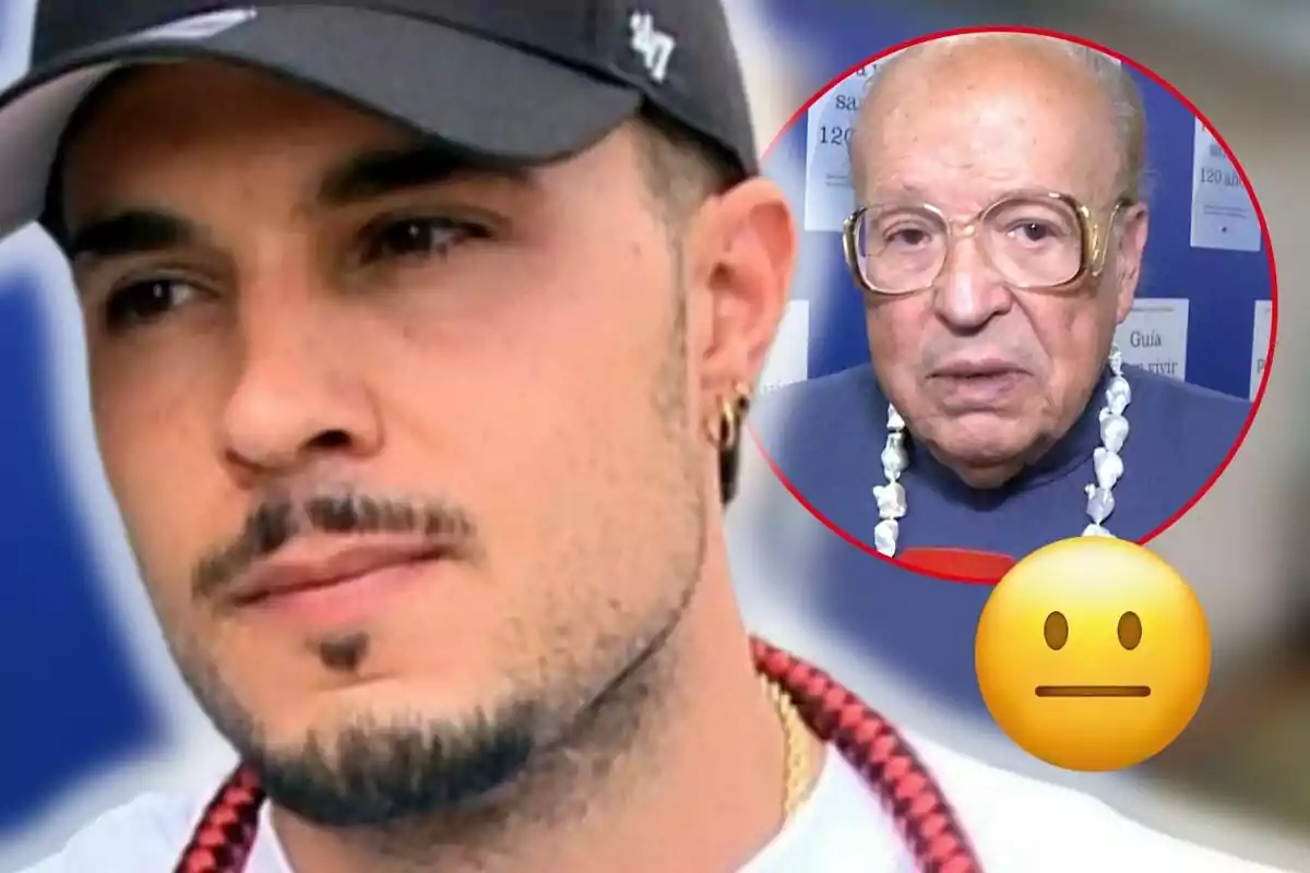 Carlo Costanzia con gorra y barba aparece en primer plano mientras que en un círculo rojo al fondo se ve a Rappel con gafas y un collar blanco junto a un emoji de cara neutral.