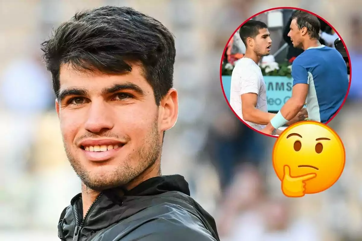 Carlos Alcaraz somrient en primer pla amb una imatge inserida en un cercle a la cantonada superior dreta que mostra a ell i Rafa Nadal interactuant i un emoji pensatiu.