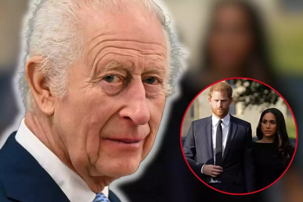 Carlos III with white hair in the foreground with a circular image of Prince Harry and Meghan Markle in the background.