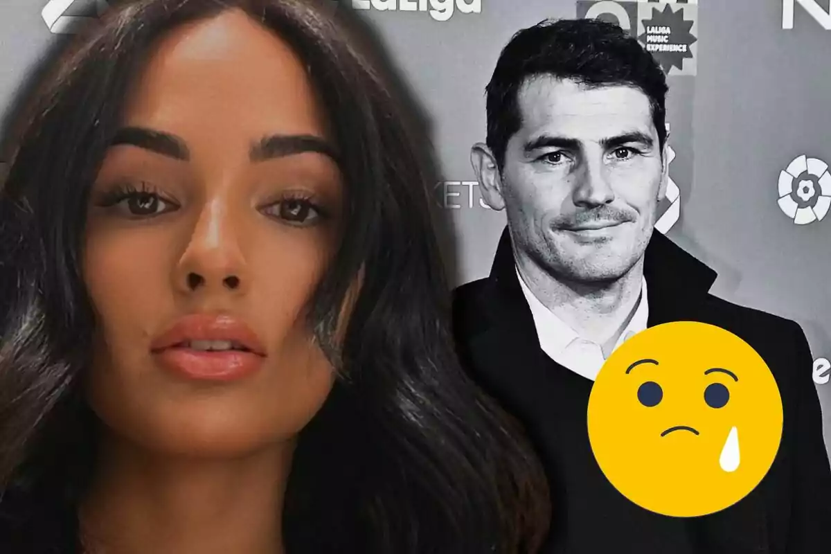 Claudia Bavel y Iker Casillas en blanco y negro con un emoji triste superpuesto.