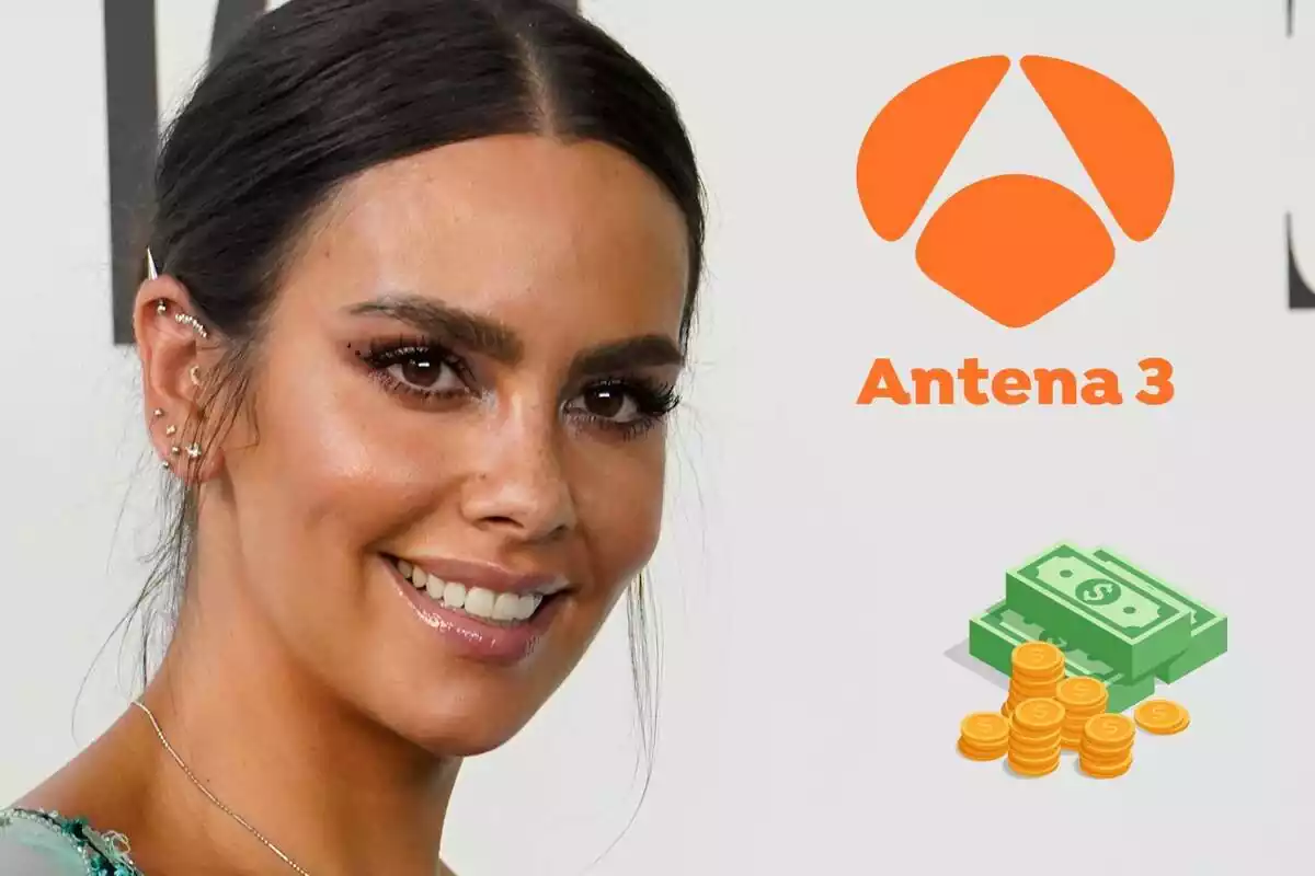 Muntatge d'un primer pla de Cristina Pedroche somrient amb els cabells recollits, el logotip d'Antena 3 i diners