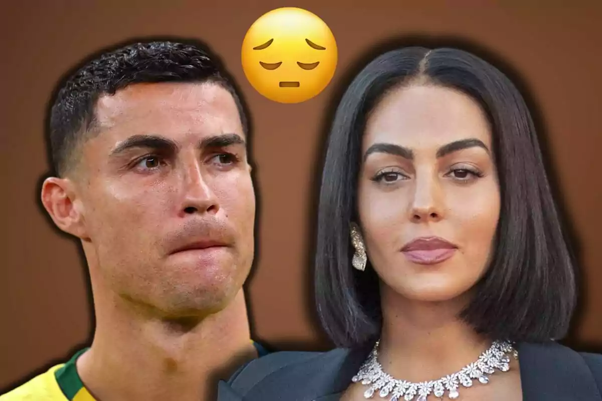Cristiano Ronaldo i Georgina Rodríguez amb expressions serioses i un emoji de cara pensativa sobre un fons marró.
