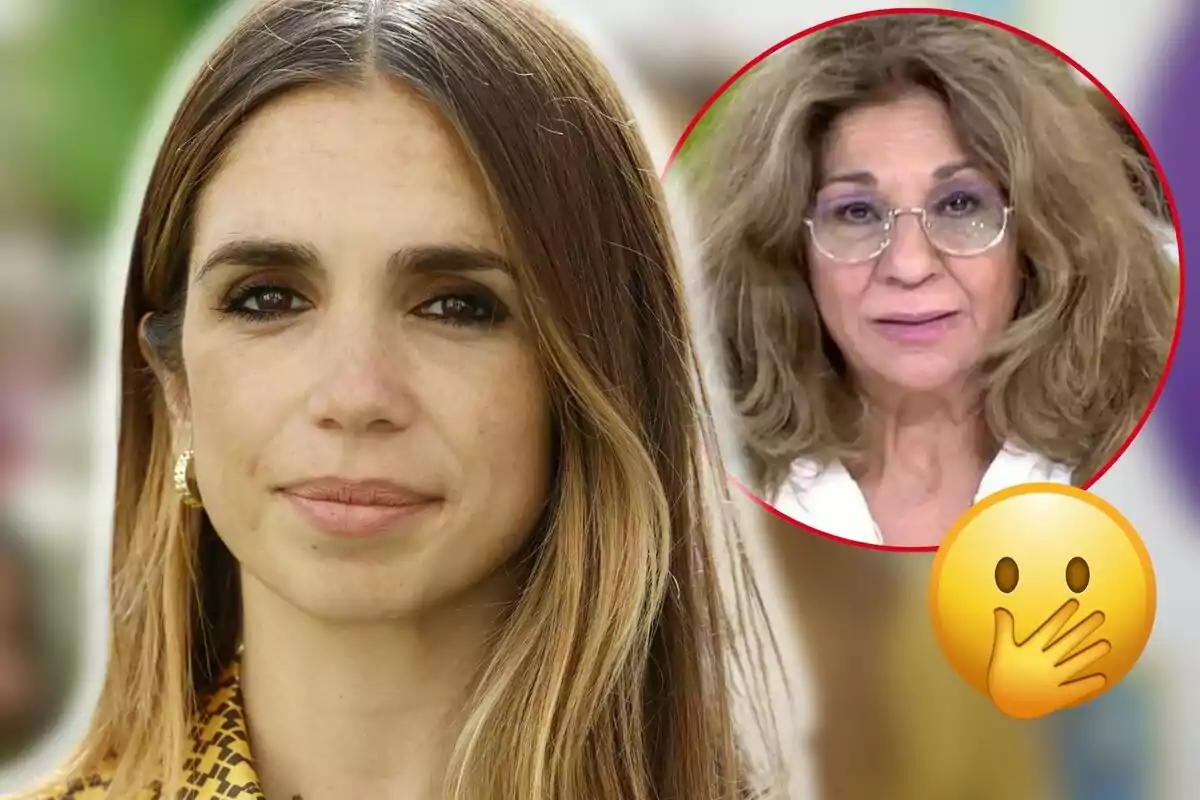 Elena Furiase amb cabell llarg i laci mira a la càmera mentre a la cantonada superior dreta hi ha un cercle amb la imatge de Lolita Flores amb ulleres i cabell arrissat al costat d'un emoji de cara sorpresa.