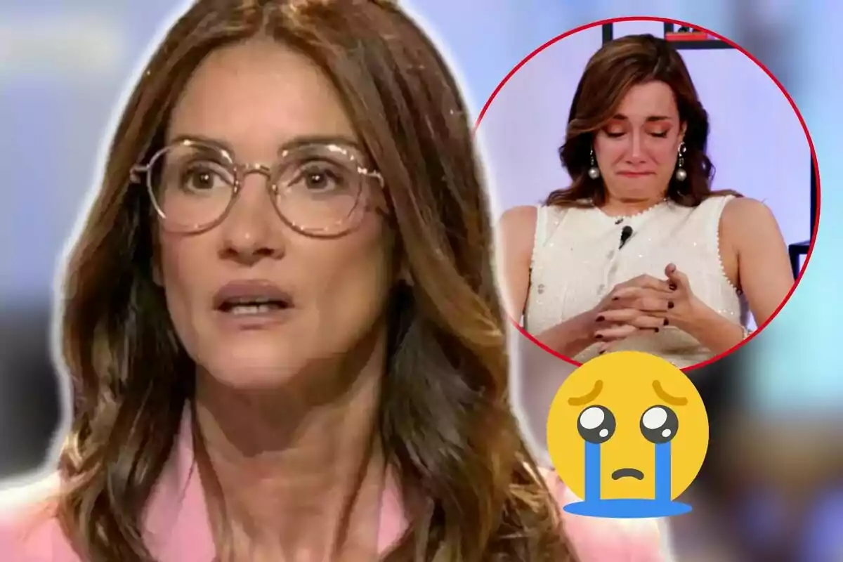 Elena Rodríguez amb ulleres parlant en un programa de televisió amb una imatge superposada d'Adara Molinero plorant i un emoji trist.