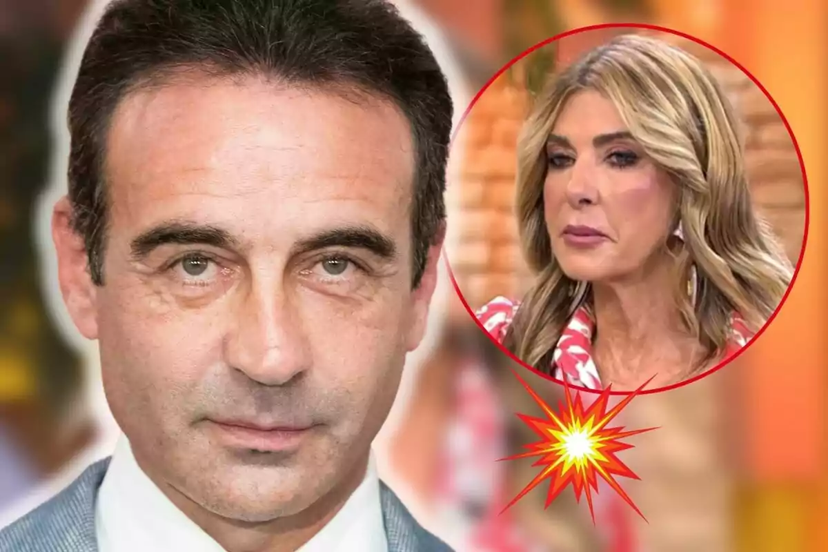 Enrique Ponce de cabello oscuro en primer plano con una expresión seria y Marisa Martín-Blázquez rubia en un círculo rojo en la esquina superior derecha.