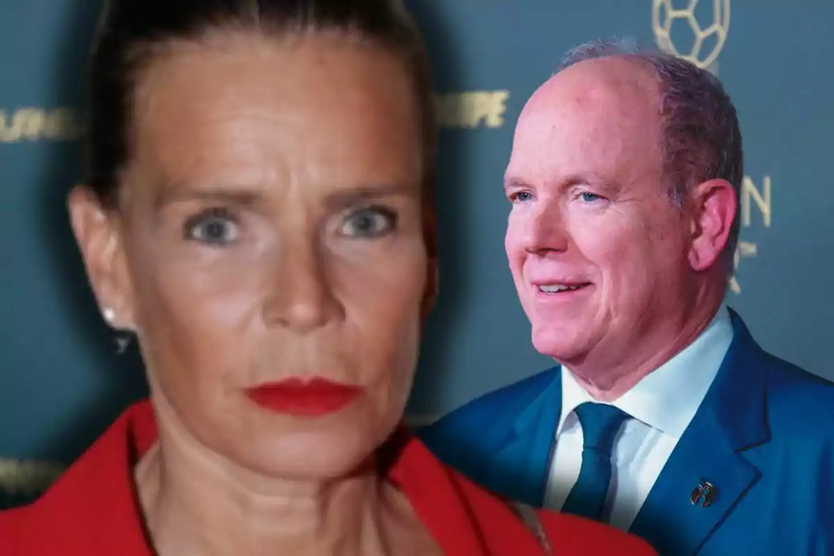 Stephanie of Monaco and Albert of Monaco pose at a formal event with a blue background and golden logos.