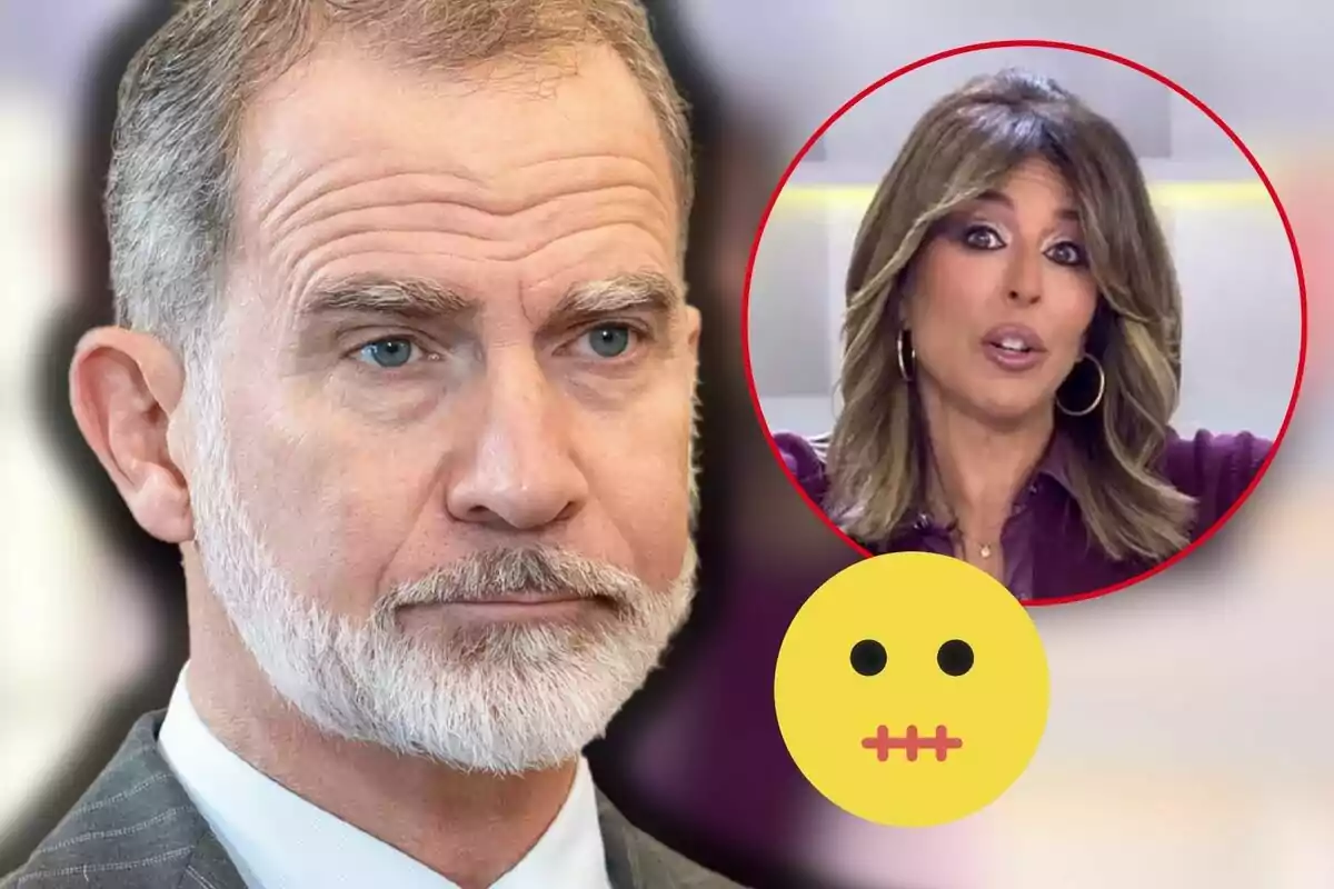 Felipe VI con barba y expresión seria aparece en primer plano, mientras que en un círculo rojo al fondo se ve a Ana Terradillos hablando; un emoji de cara con boca sellada está superpuesto en la imagen.