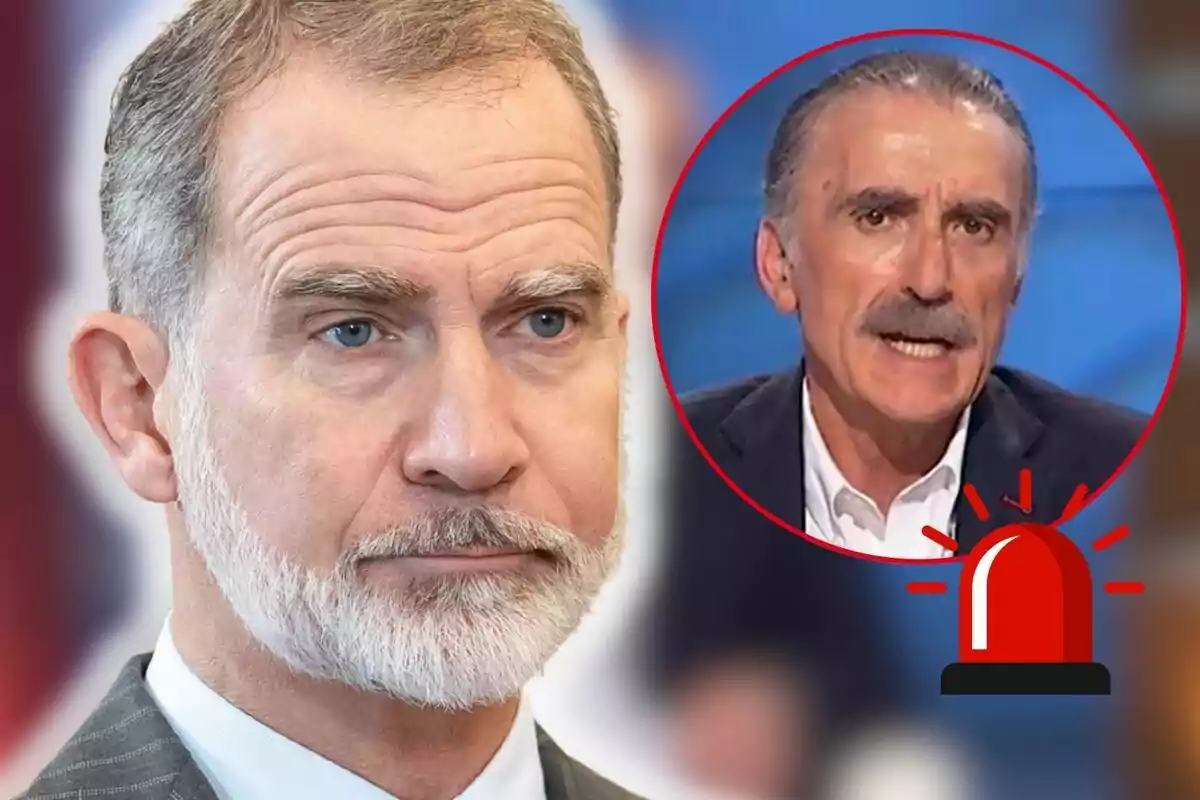 Felipe VI with a beard and a serious expression appears in the foreground, while in the upper right corner there is a circular frame with the image of Juan y Medio with a mustache, joined by a red alarm icon.