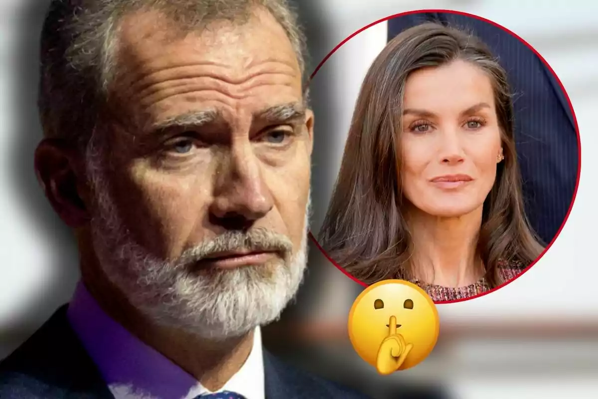 Felipe VI with a serious expression next to a circle showing Queen Letizia and a silence emoji.