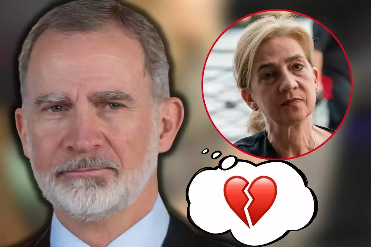 Felipe VI mira al frente mientras en un círculo aparece la infanta Cristina y un globo de pensamiento con un corazón roto.