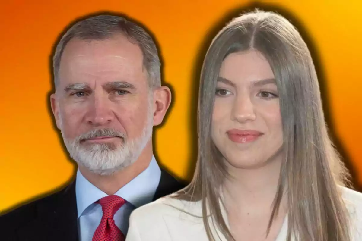 Felipe VI and Infanta Sofía posing in front of an orange background.