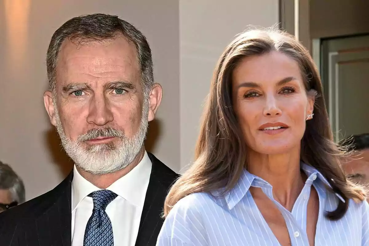 Felipe VI and Letizia posing together, one with a beard and a dark suit and the other with long hair and a blue striped jersey.