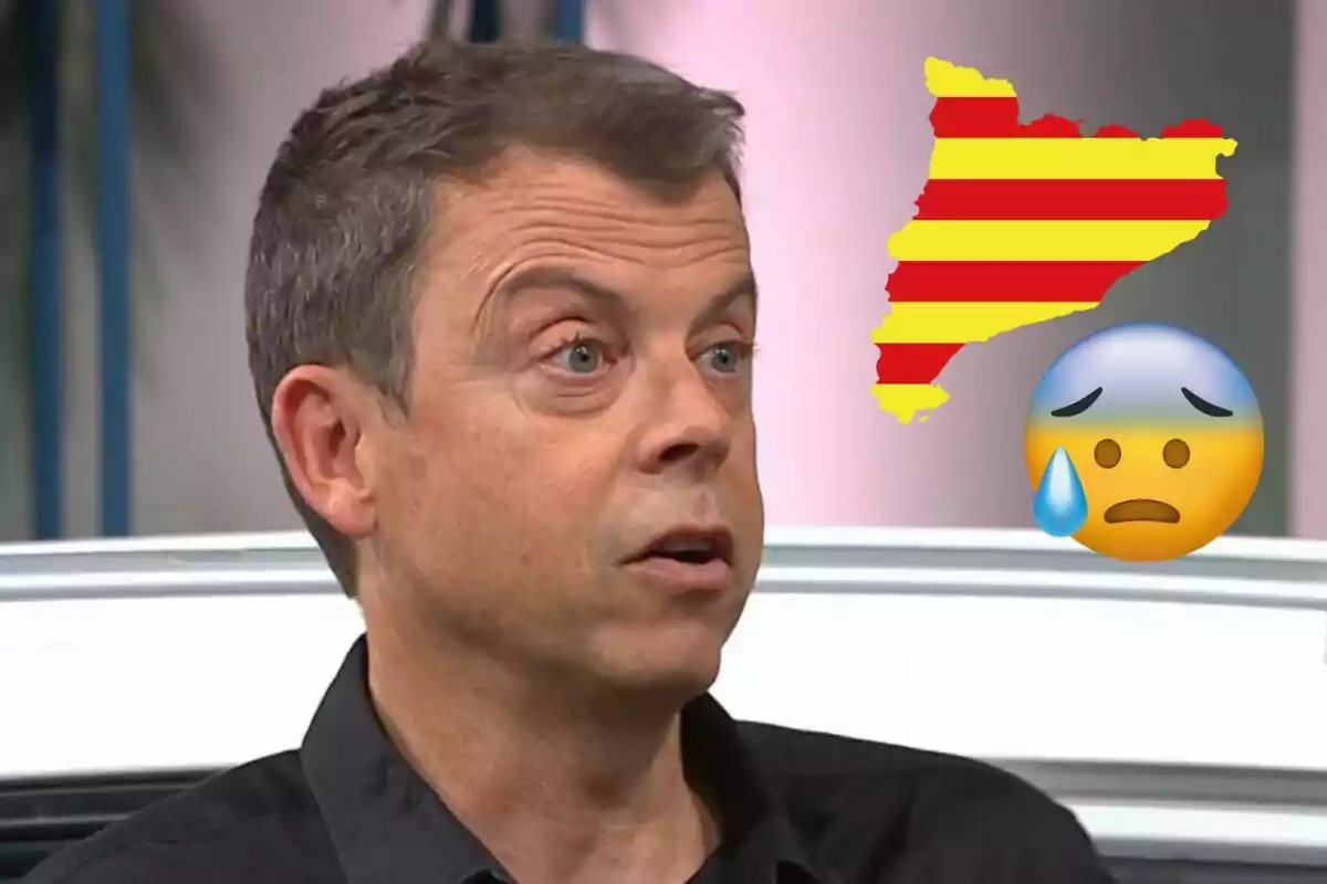 Francesc Mauri amb expressió preocupada, amb un mapa de Catalunya amb la bandera catalana i un emoji de cara trist amb una llàgrima.