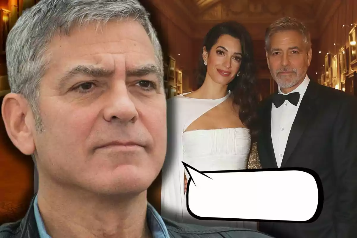 George Clooney apareix en primer pla, mentre que al fons se'l veu amb Amal Clooney elegantment vestida en un esdeveniment formal, amb un globus de diàleg buit a la part inferior de la imatge.