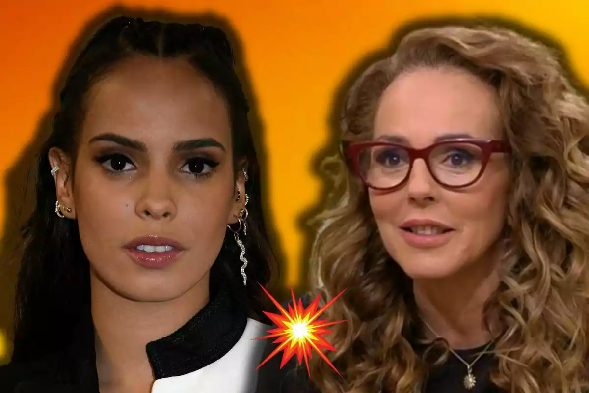 Gloria Camila y Rocío Carrasco en primer plano con un fondo naranja y un efecto de explosión entre ellas.