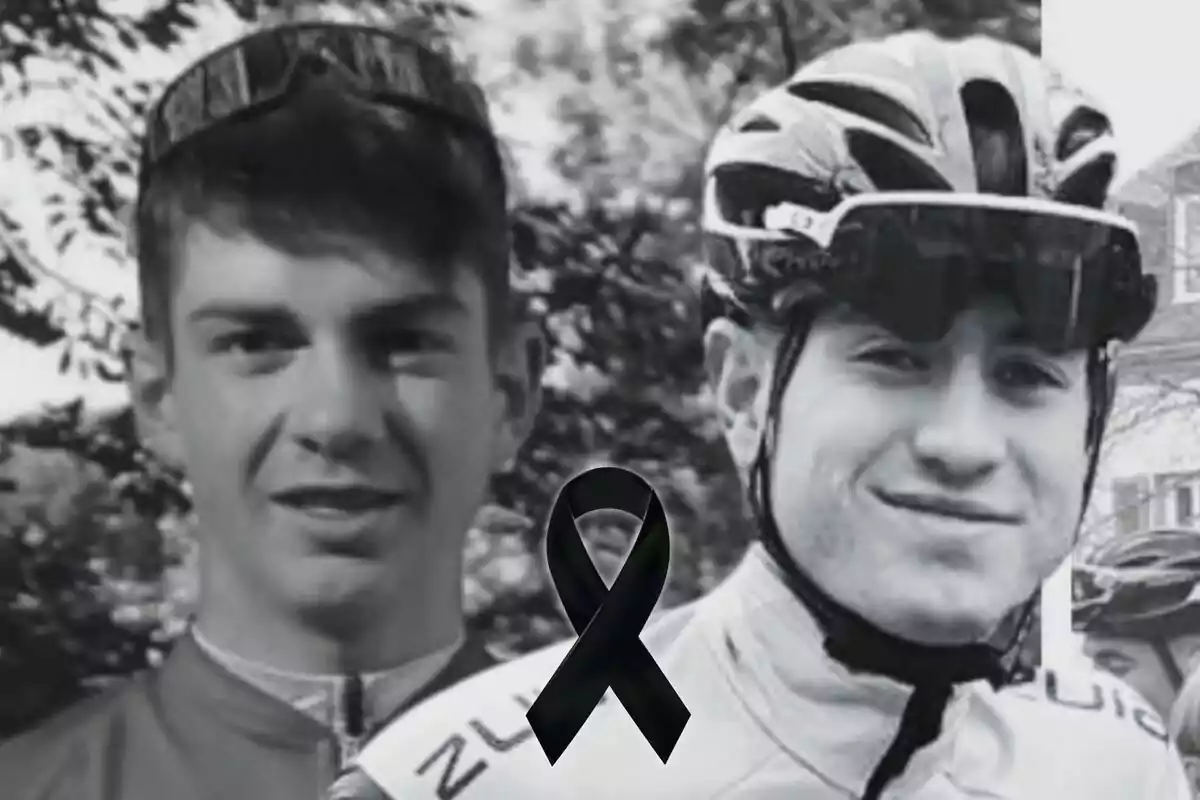 Dos ciclistes joves en una imatge en blanc i negre amb un llaç negre de dol al centre