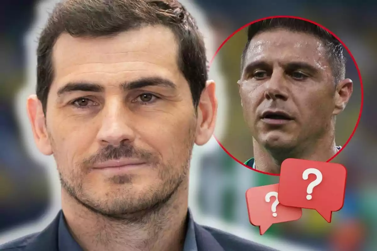 Iker Casillas with a beard and dark hair in the foreground and Joaquín Sánchez in a red circle with question mark icons.