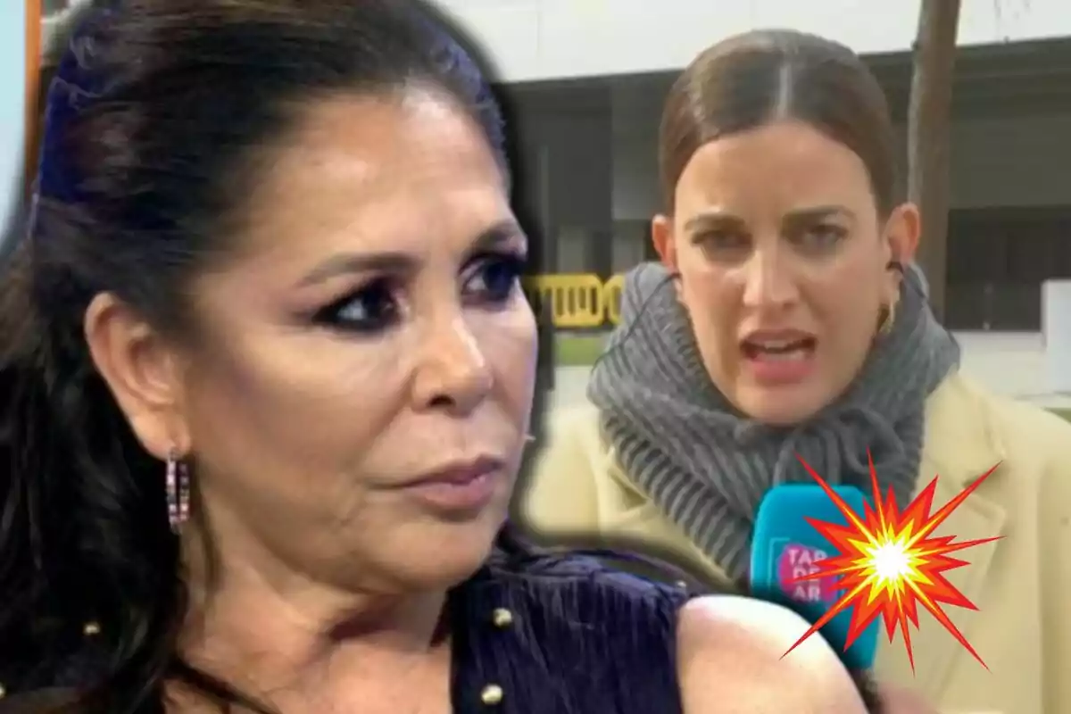 Isabel Pantoja and Leticia Requejo in an image, one in the foreground with a serious expression and the other in the background speaking into a microphone with an explosion graphic overlaid.