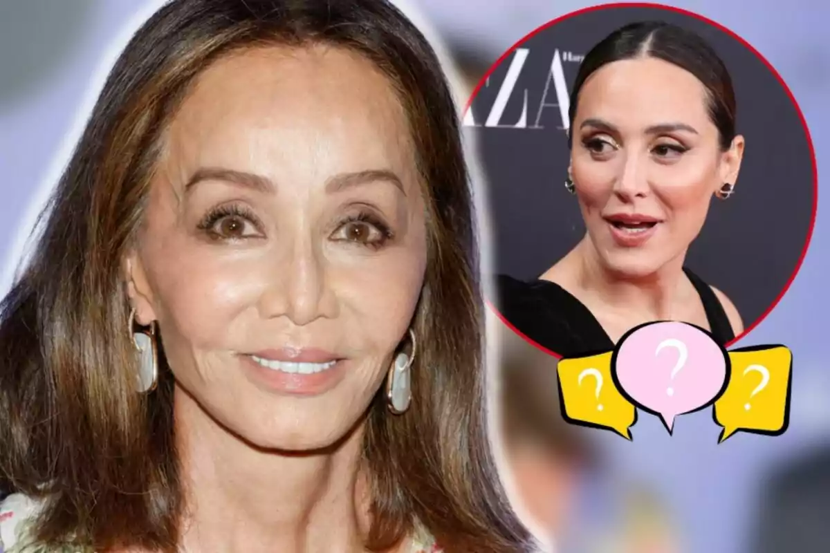 Isabel Preysler y Tamara Falcó en un montaje fotográfico con un círculo rojo y signos de interrogación.