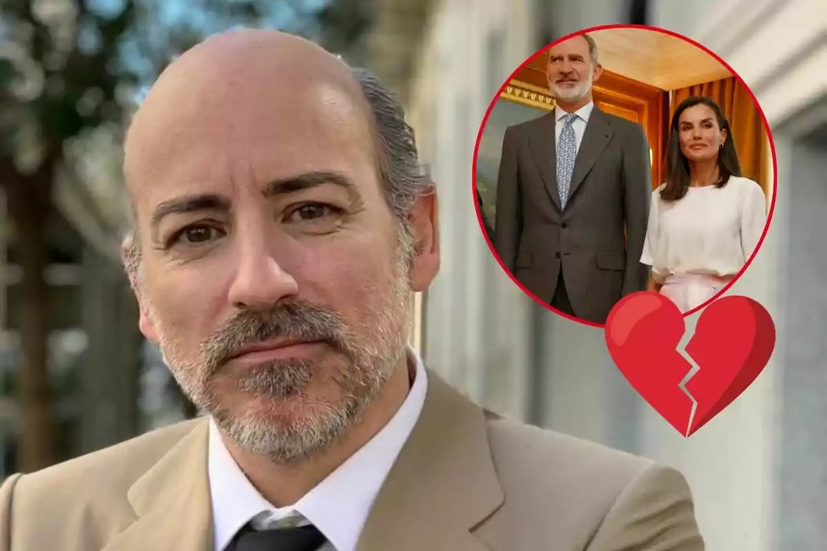 Jaume del Burgo amb vestit clar i corbata negra apareix en primer pla, mentre que a la cantonada superior dreta hi ha una imatge circular de Felip VI i Letizia vestida formalment amb un cor trencat superposat.