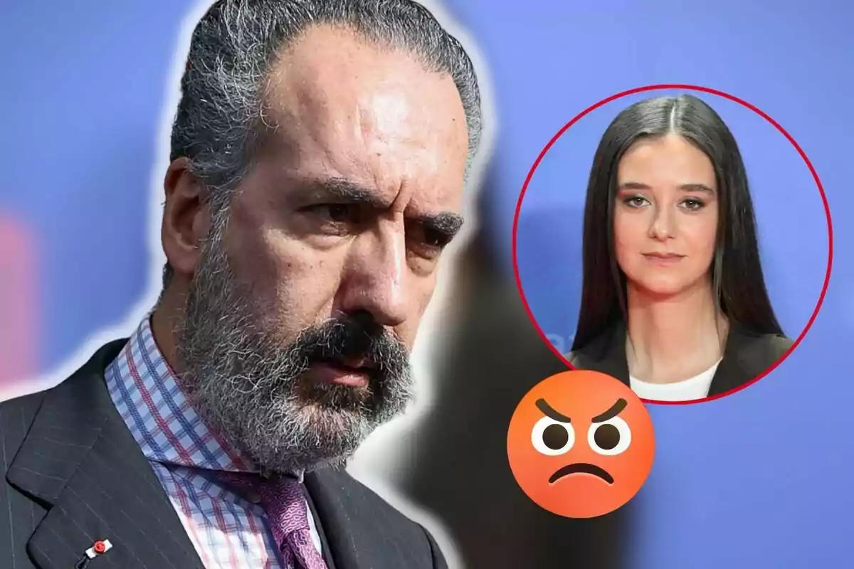 Jaime de Marichalar with a serious expression and a beard, next to a circle containing the image of Victoria Federica and an angry emoji.