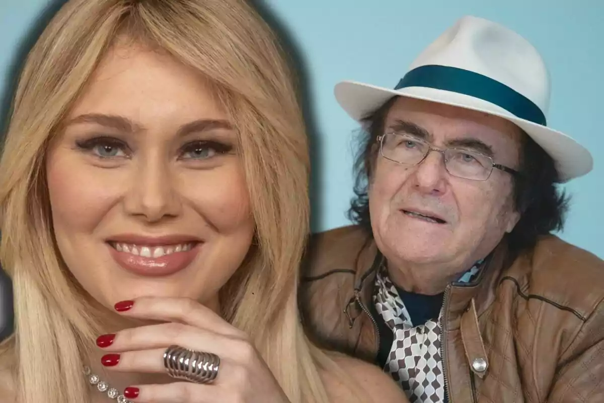 Jasmine Carrisi and Al Bano posing together, a blonde woman smiling and a man with a hat and brown jacket.