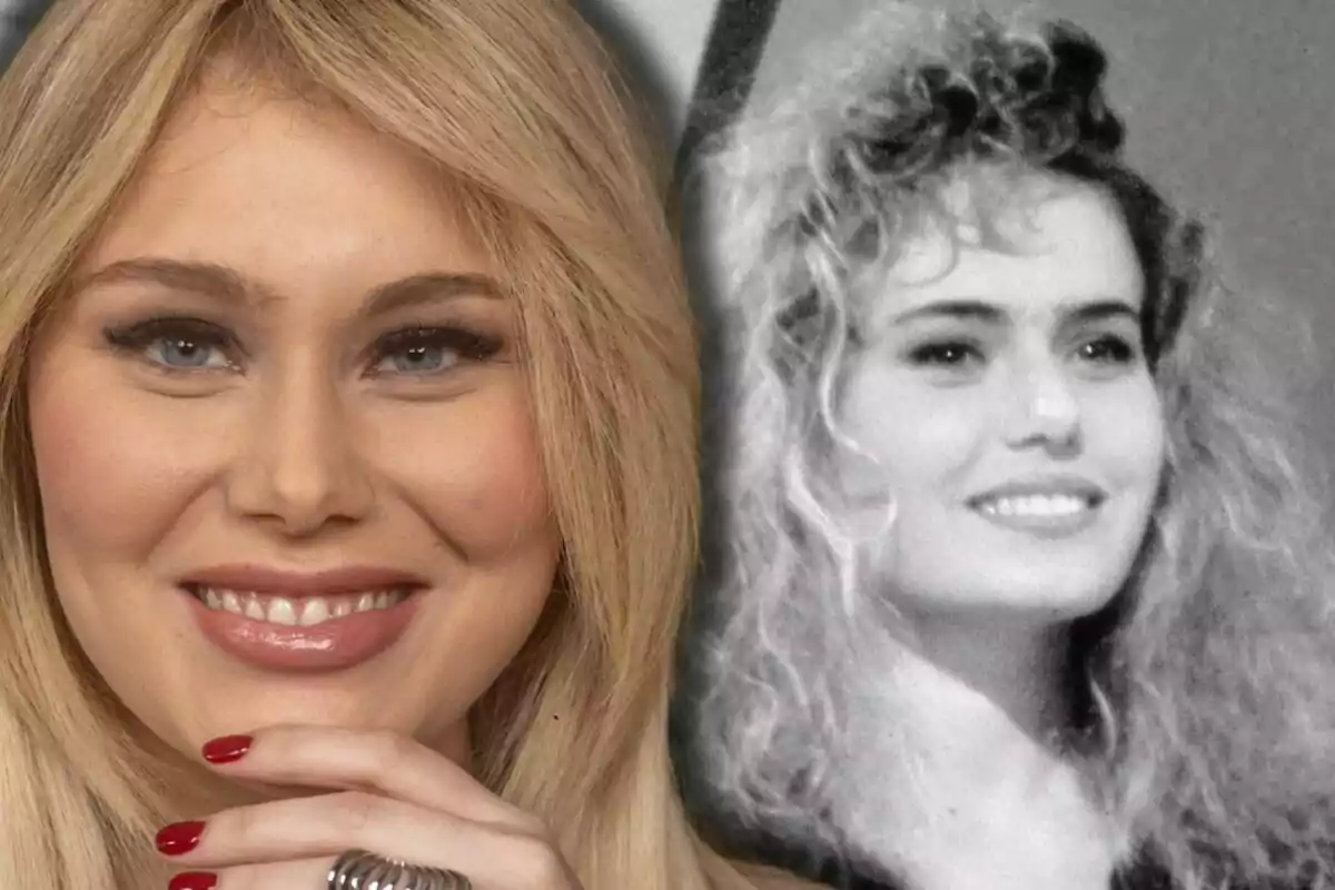 Jasmine Carrisi rubia sonriente en primer plano junto a una foto en blanco y negro de Ylenia Carrisi joven con cabello rizado.