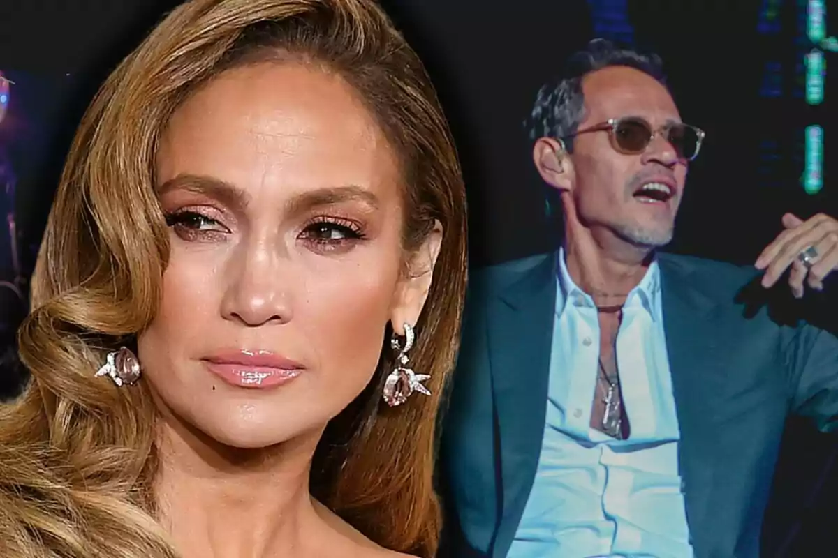 Close-up montage of Jennifer López looking to the side and Marc Anthony during a concert wearing sunglasses