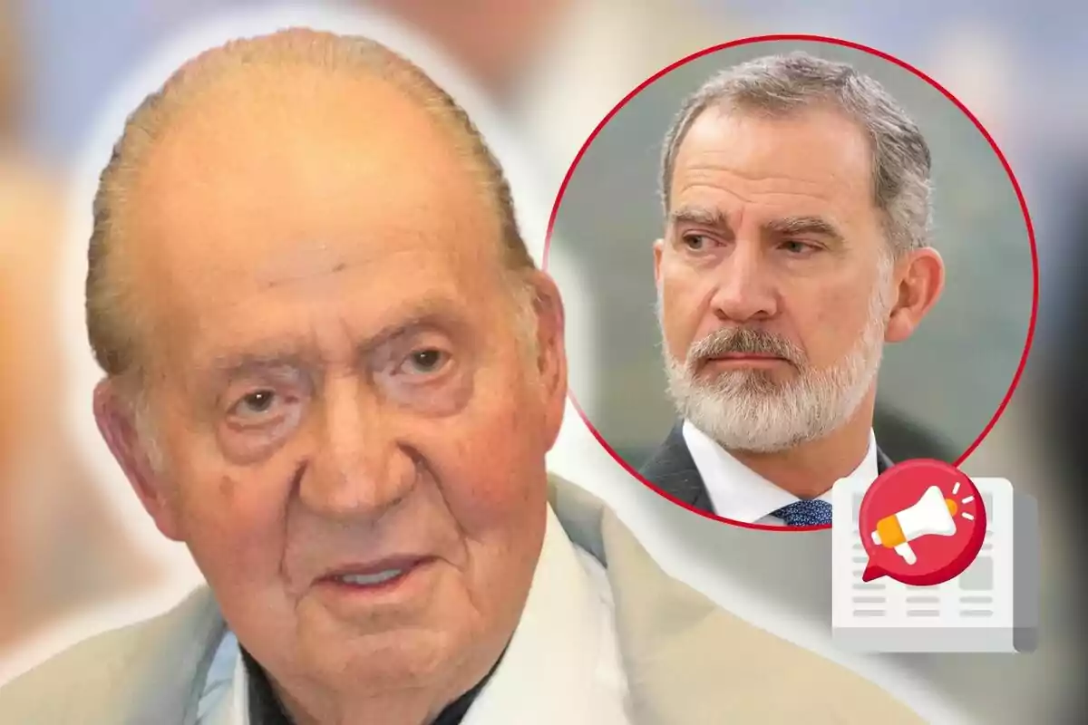 Joan Carles I i Felip VI amb expressió seriosa, un en primer pla i un altre en un cercle vermell a la cantonada superior dreta, amb una icona de megàfon i diari a la part inferior.