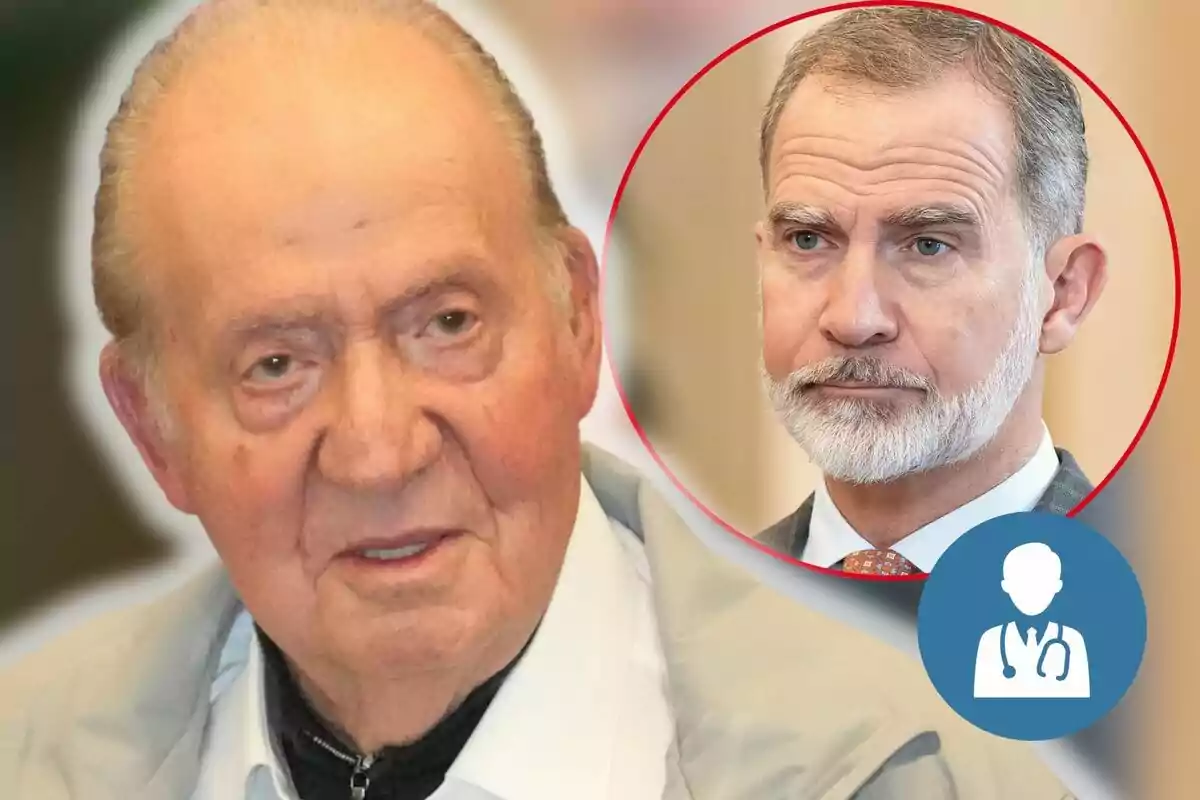 Juan Carlos I and Felipe VI, one in the foreground and the other in a red circle, with a doctor icon in the corner.