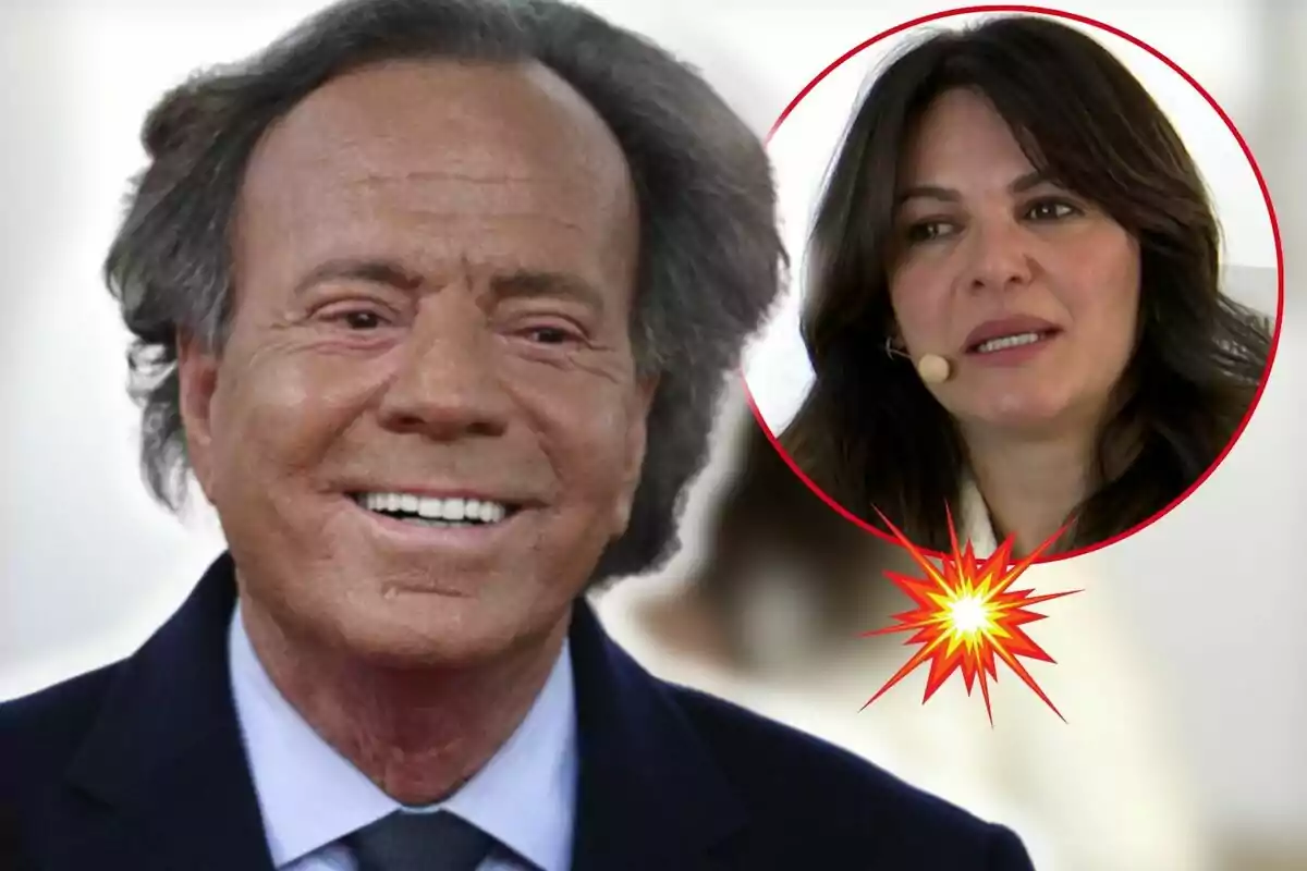 Julio Iglesias sonriente con cabello oscuro y Fabiola Martínez en un círculo rojo con un micrófono.