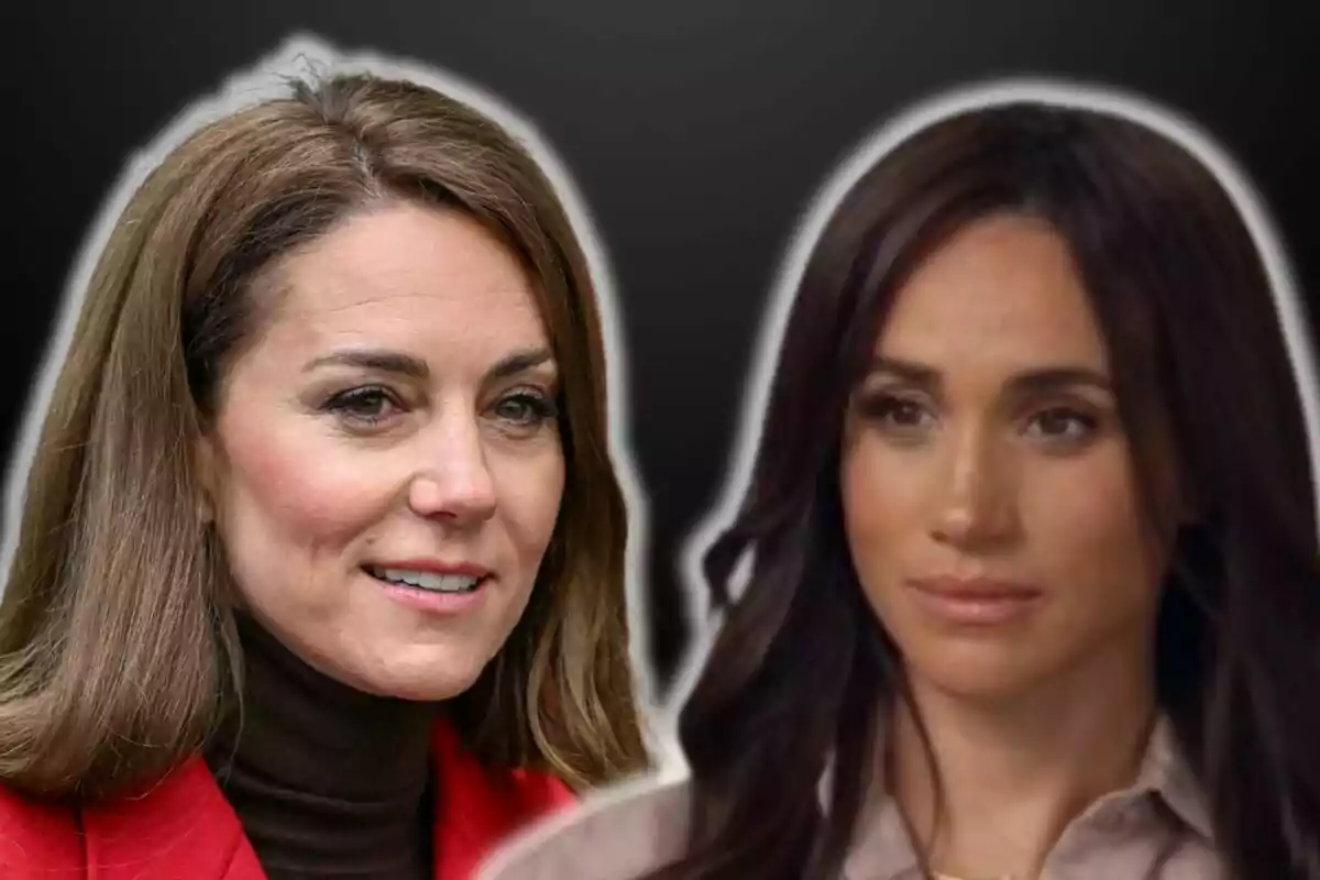 Kate Middleton y Meghan Markle con expresiones serias sobre un fondo oscuro.