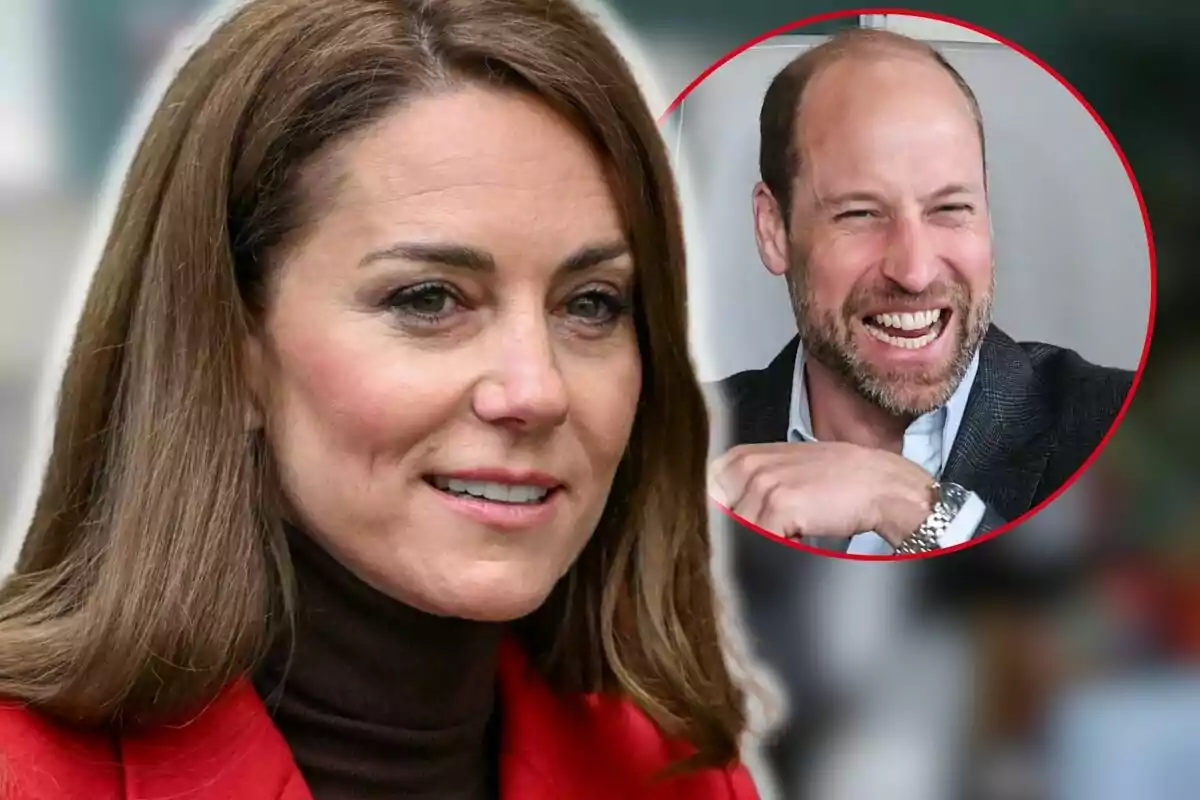 Kate Middleton i el príncep Guillem rient en un requadre circular.