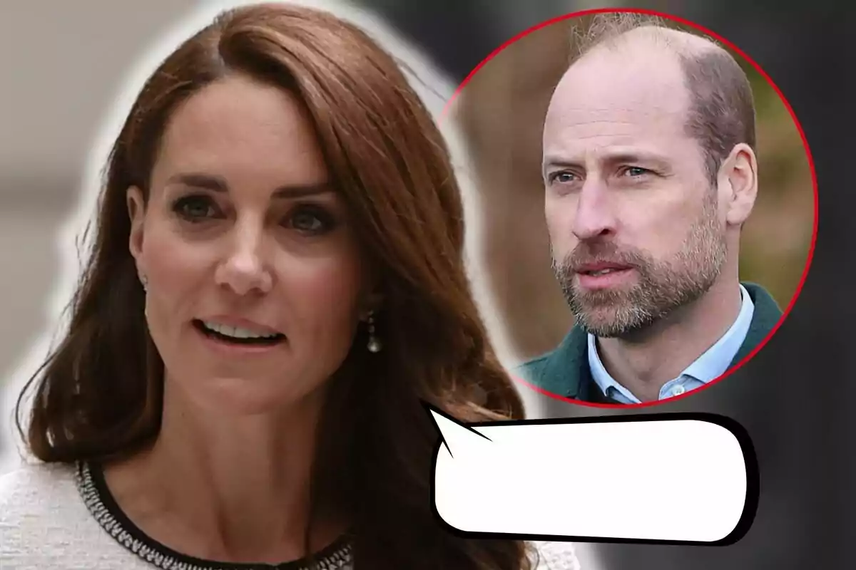 Kate Middleton amb expressió seriosa apareix en primer pla, mentre que en un cercle vermell al fons es mostra el príncep Guillem, tots dos amb un fons desenfocat.