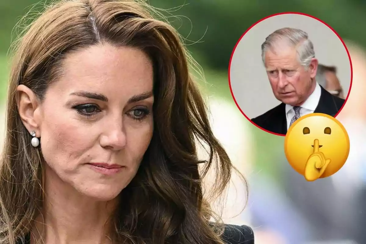 Kate Middleton amb expressió seriosa i Carles III en un cercle vermell amb un emoji de silenci superposat.