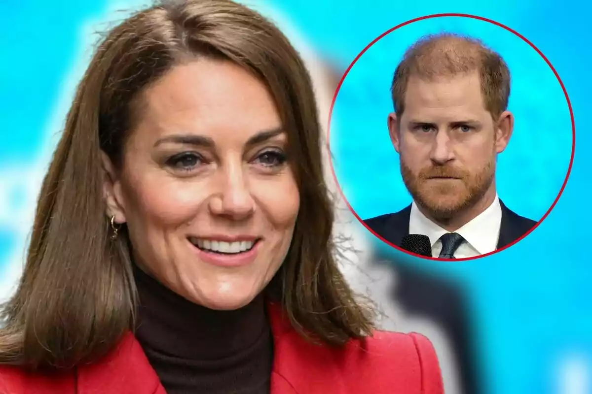 Kate Middleton smiling in the foreground with Prince Harry serious in a circle in the top right corner on a blue background.