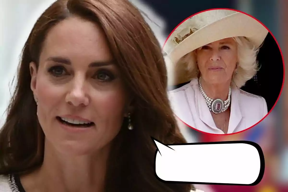 Kate Middleton with brown hair and a serious expression, with an inset showing Queen Camilla with a hat and pearl necklace, and an empty speech bubble.