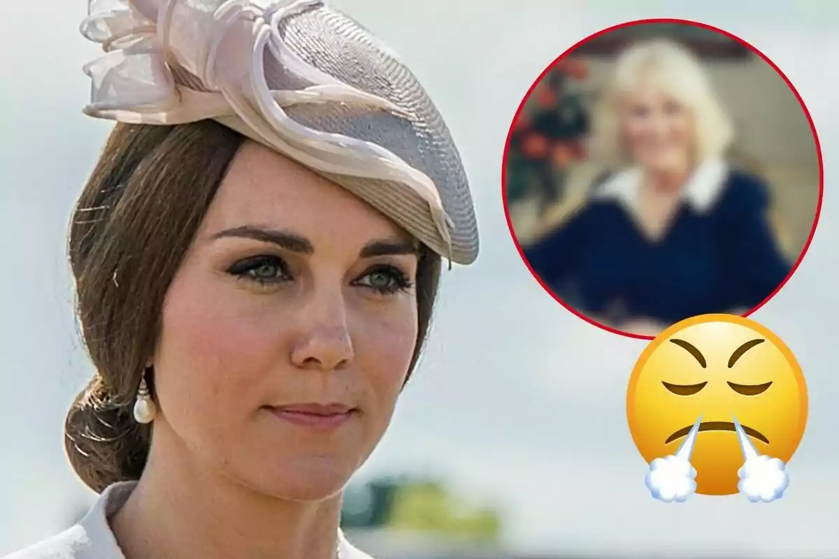 Kate Middleton con un sombrero elegante aparece en primer plano mientras en la esquina superior derecha hay un círculo con una imagen borrosa de otra persona y un emoji de enojo.